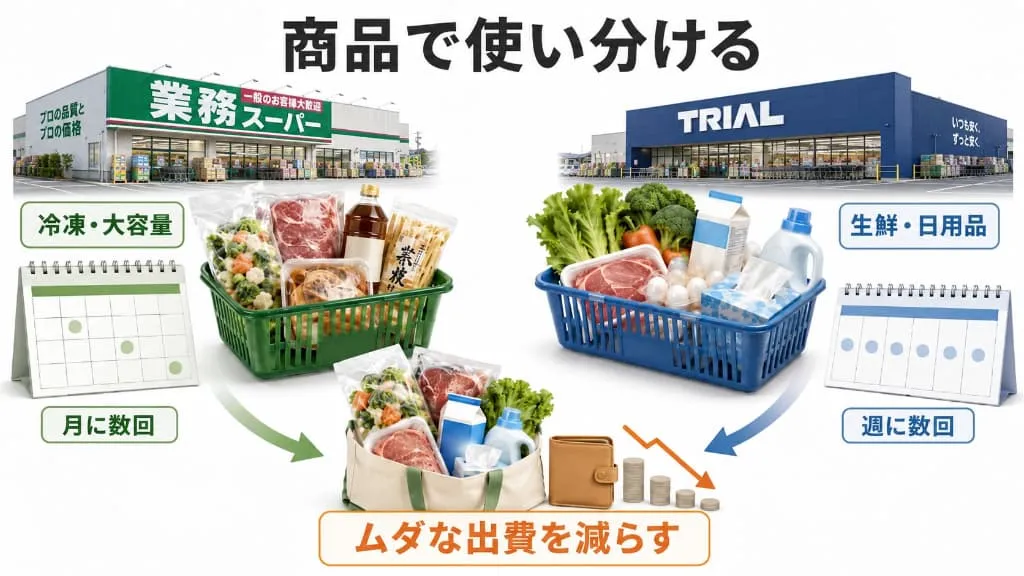 業務スーパーとトライアルを商品別に使い分ける図